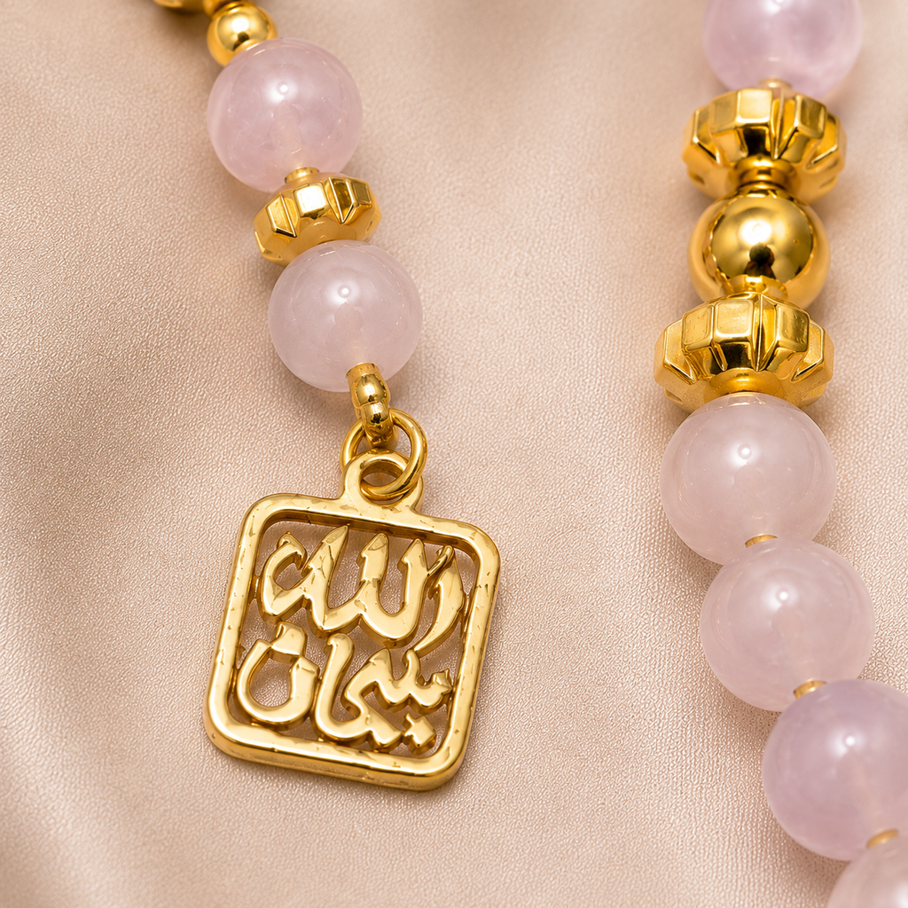 Handmade 7AGAT rosary with 99 natural rose quartz beads, separators, golden tassel, luxury prayer beads for meditation and prayer.