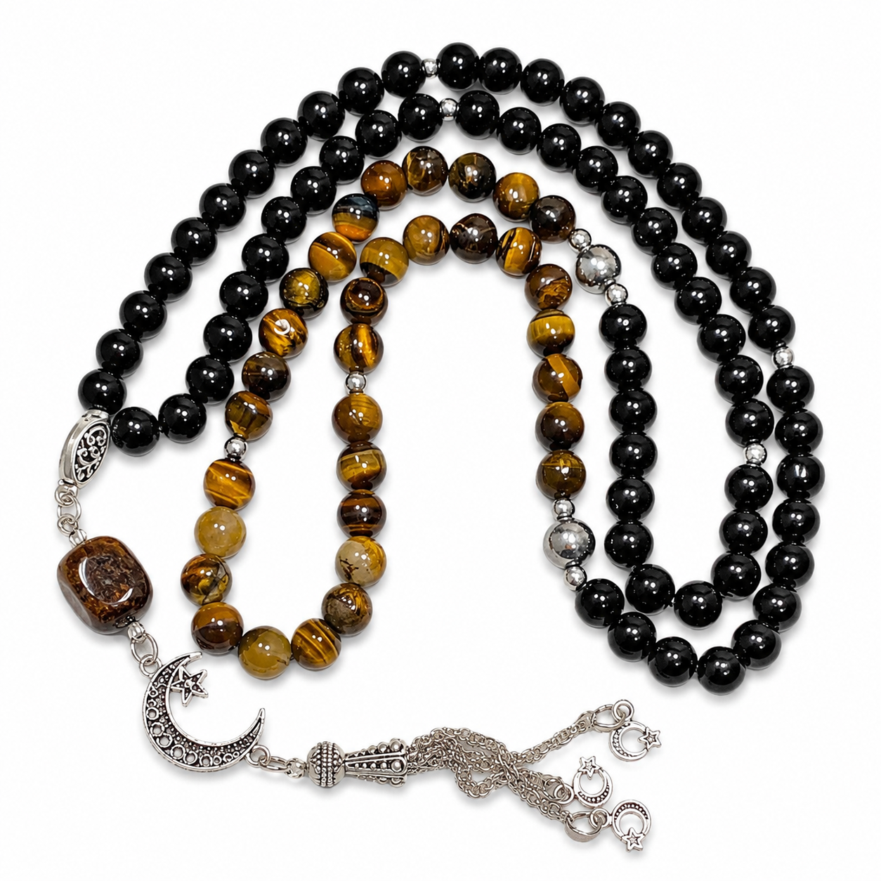 Handmade rosary with 99 natural tiger eye beads, separators, tassel, and luxury prayer beads by 7AGAT.