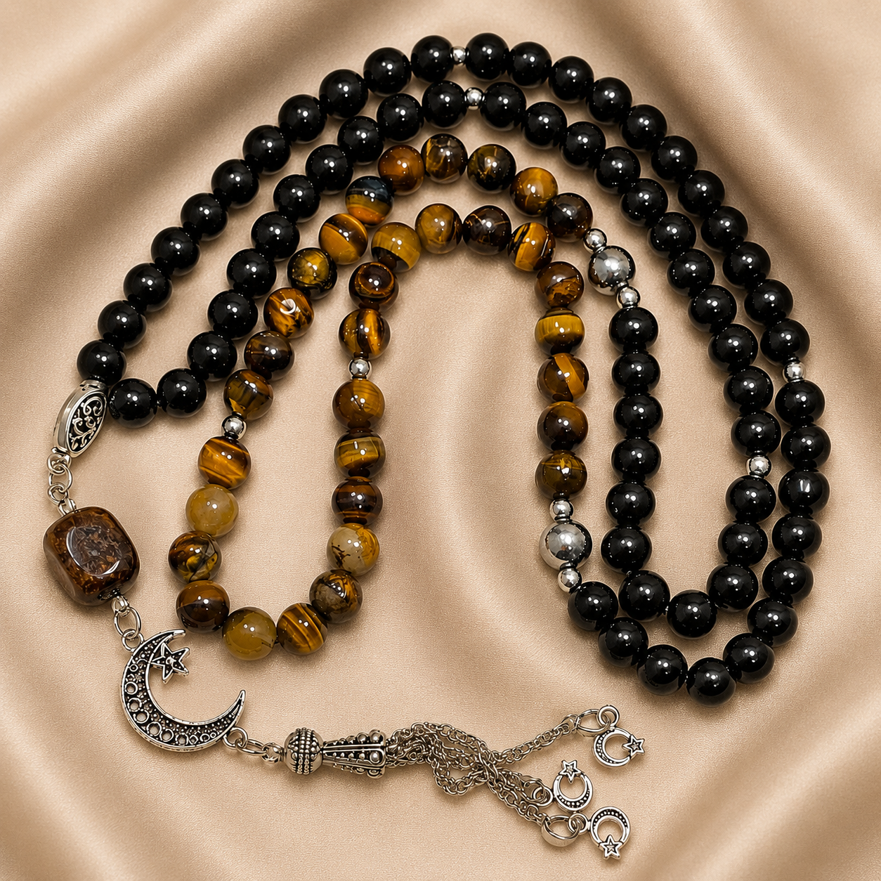 Handmade 7AGAT rosary with 99 natural tiger eye beads, separators, tassel, luxury prayer beads for spiritual use.