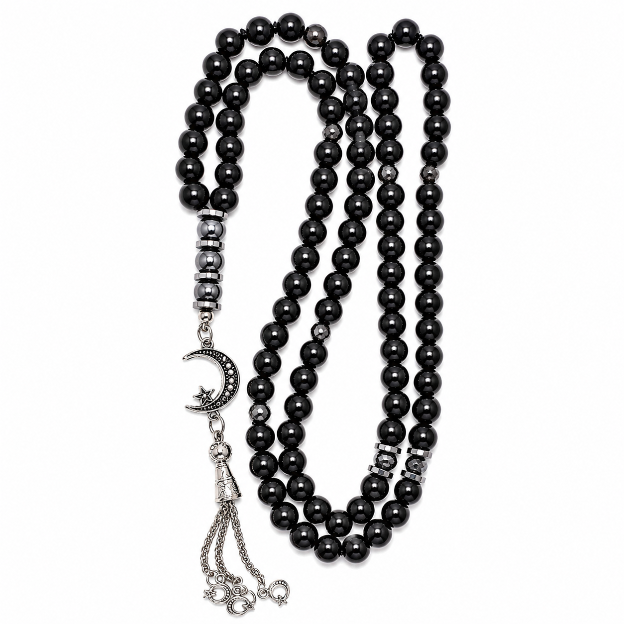 Handmade 8mm black hematite prayer beads rosary with silver separators, metal closure, displayed with gift pouch.