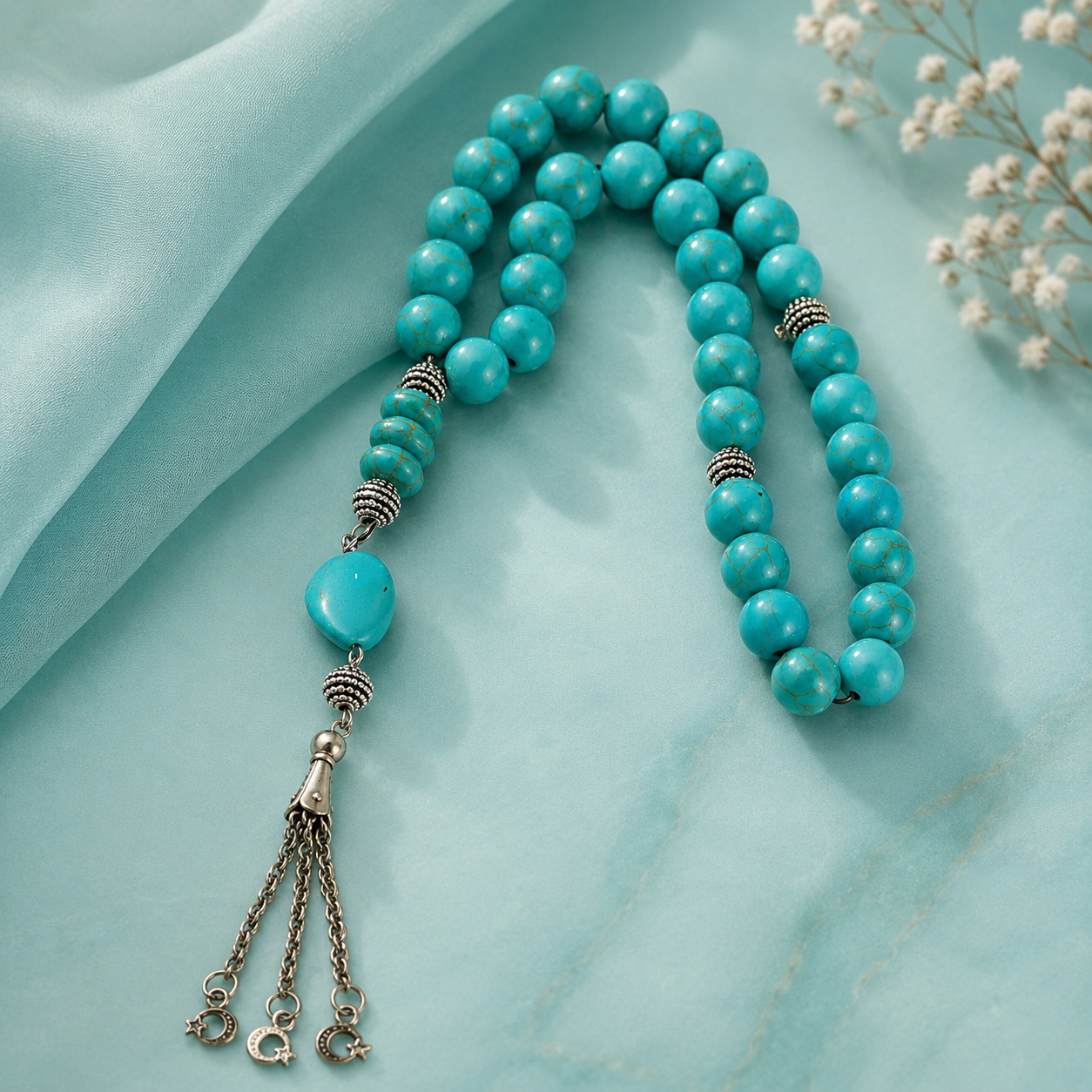 Handmade 7AGAT rosary with 12mm natural turquoise howlite beads, separators, and tassel, luxury prayer beads for spiritual use.