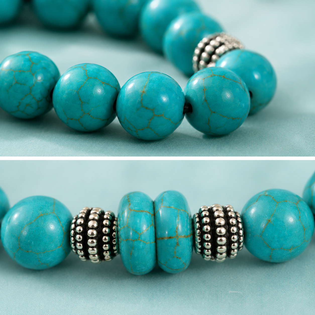Handmade 7AGAT rosary with 12mm natural turquoise howlite beads, separators, tassel, luxury prayer beads for spiritual practice.