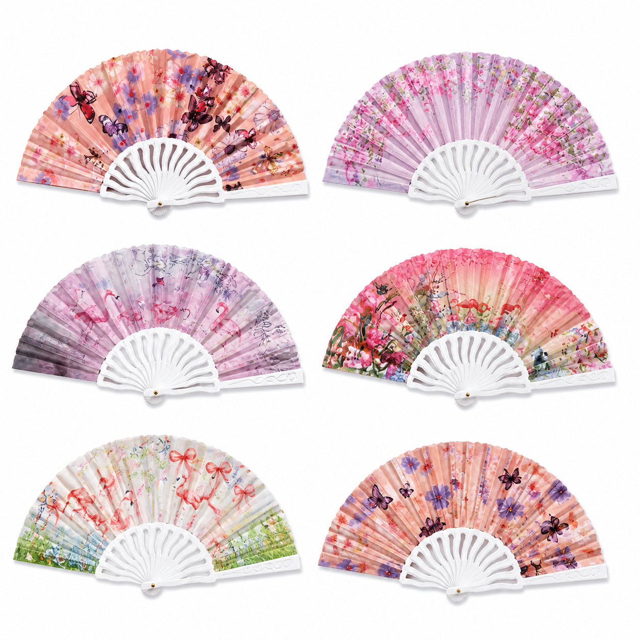 Colorful floral and flamingo folding hand fan with plastic handle, lightweight and portable summer accessory from 7AGAT.