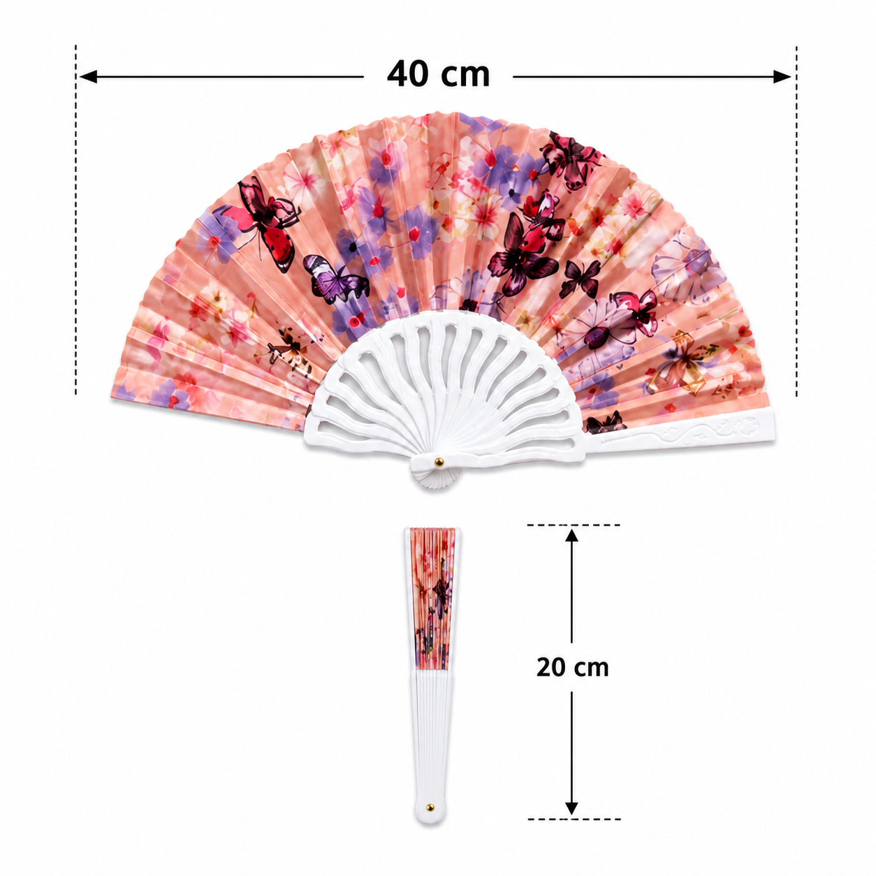 Colorful folding hand fan from 7AGAT with floral and flamingo designs, lightweight and portable with a plastic handle.