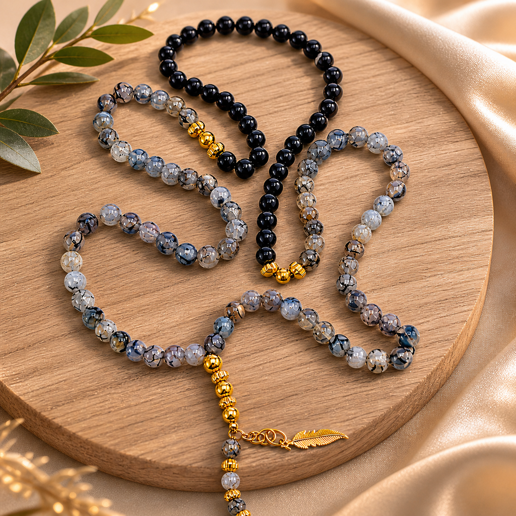 Handmade 7AGAT rosary with 99 natural tree agate beads, separators, golden tassel, luxury prayer beads for spiritual use.