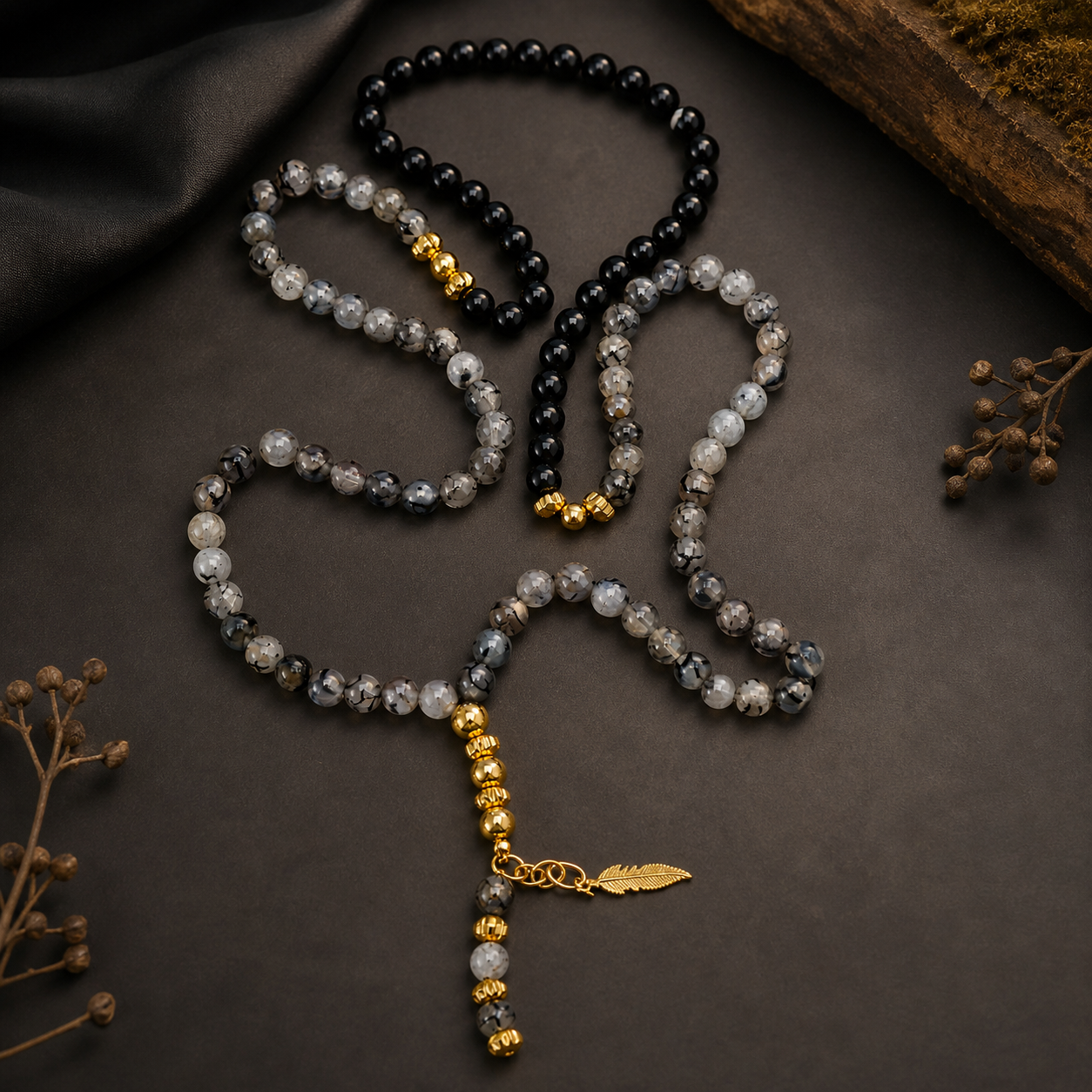 Handmade 7AGAT rosary with 99 natural tree agate beads, separators, golden tassel, luxury prayer beads for spiritual practice