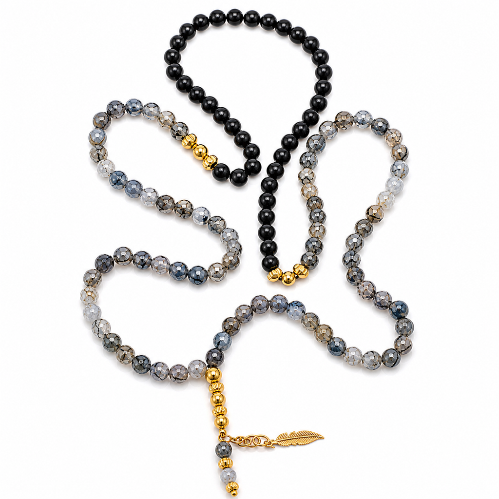 Handmade 7AGAT rosary with 99 natural tree agate beads, golden tassel, separators, and luxurious prayer beads.