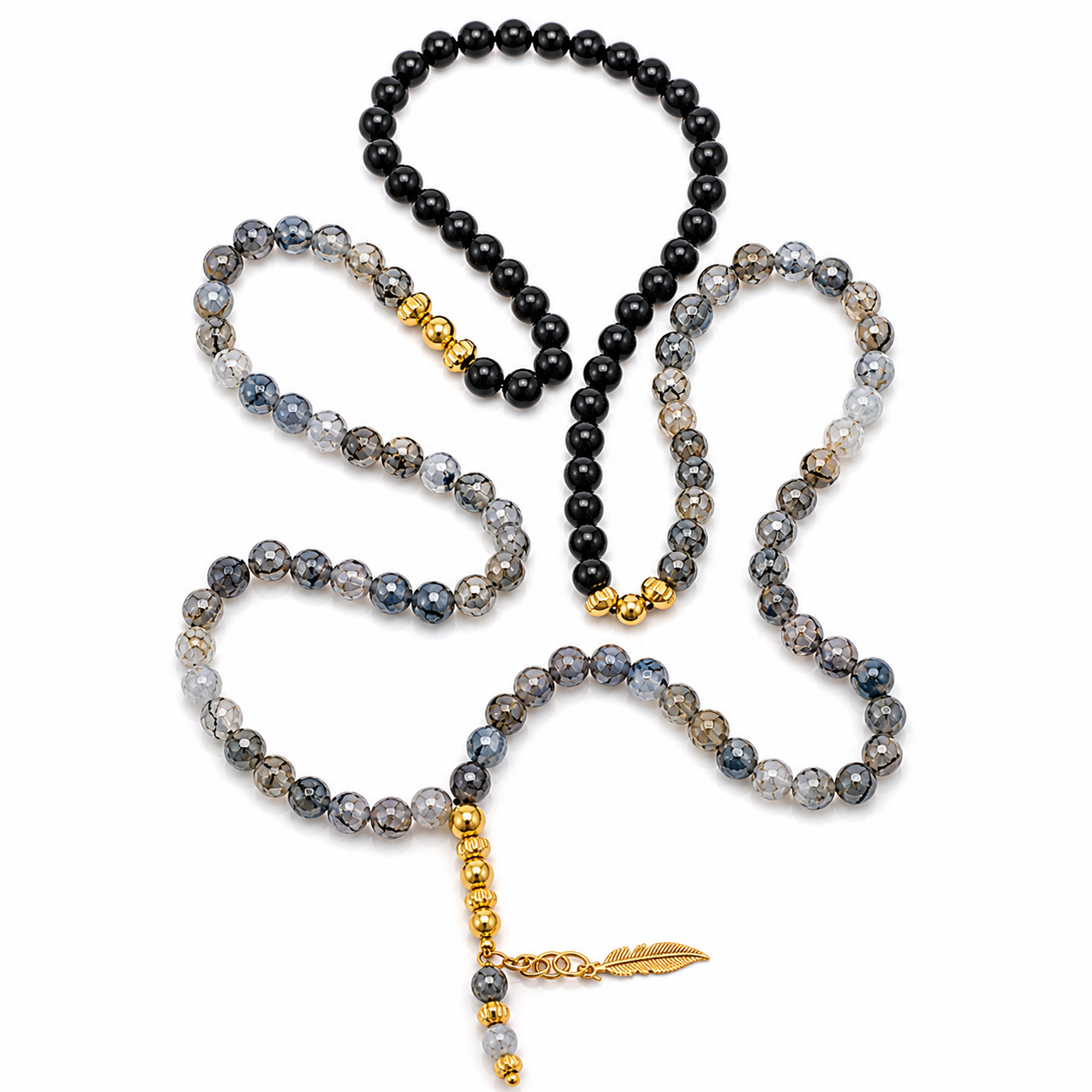 Handmade 7AGAT rosary with 99 natural tree agate beads, golden tassel, separators, and luxurious prayer beads.