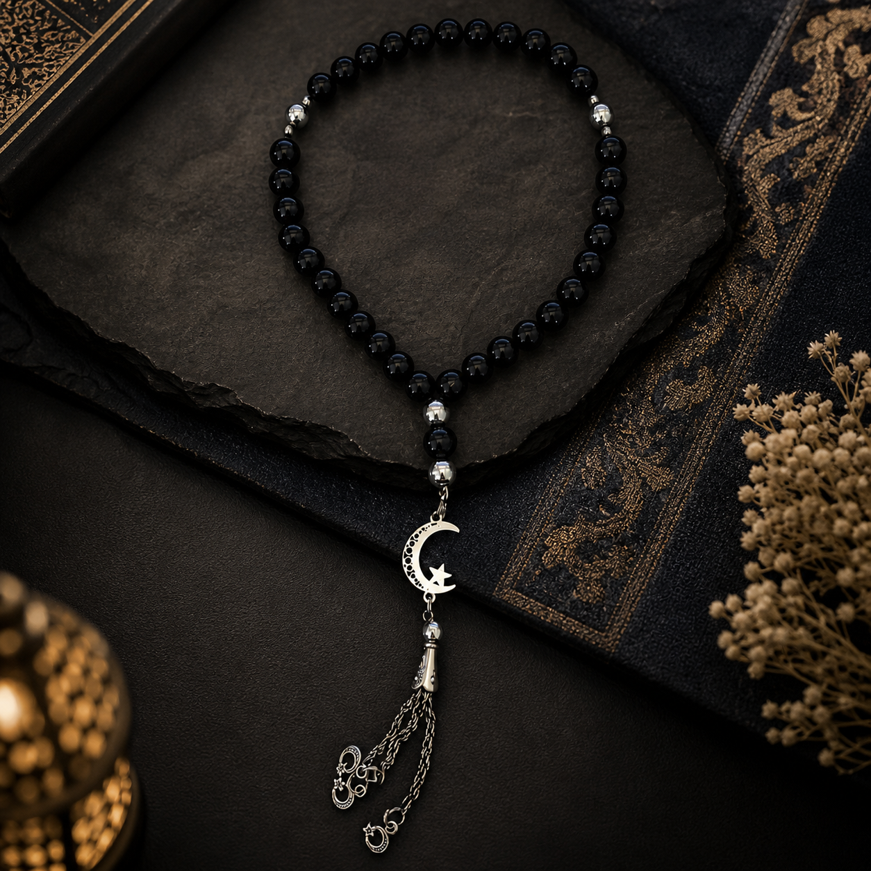 Handmade 7AGAT rosary with 33 black glass beads, 10mm glossy prayer beads for meditation and spiritual practice.