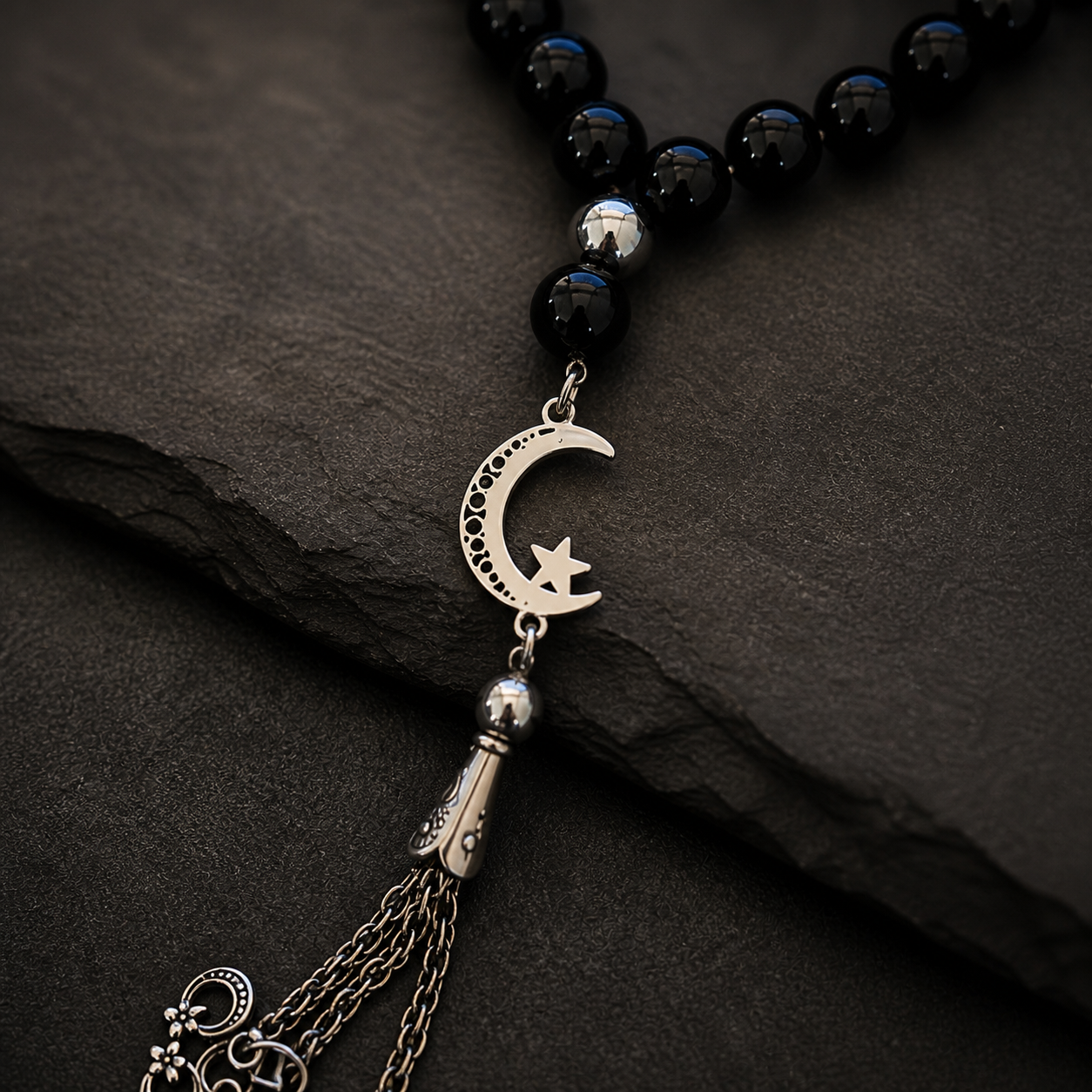 Handmade 7AGAT rosary with 33 black glass beads, 10mm glossy prayer beads for meditation and spiritual practice.