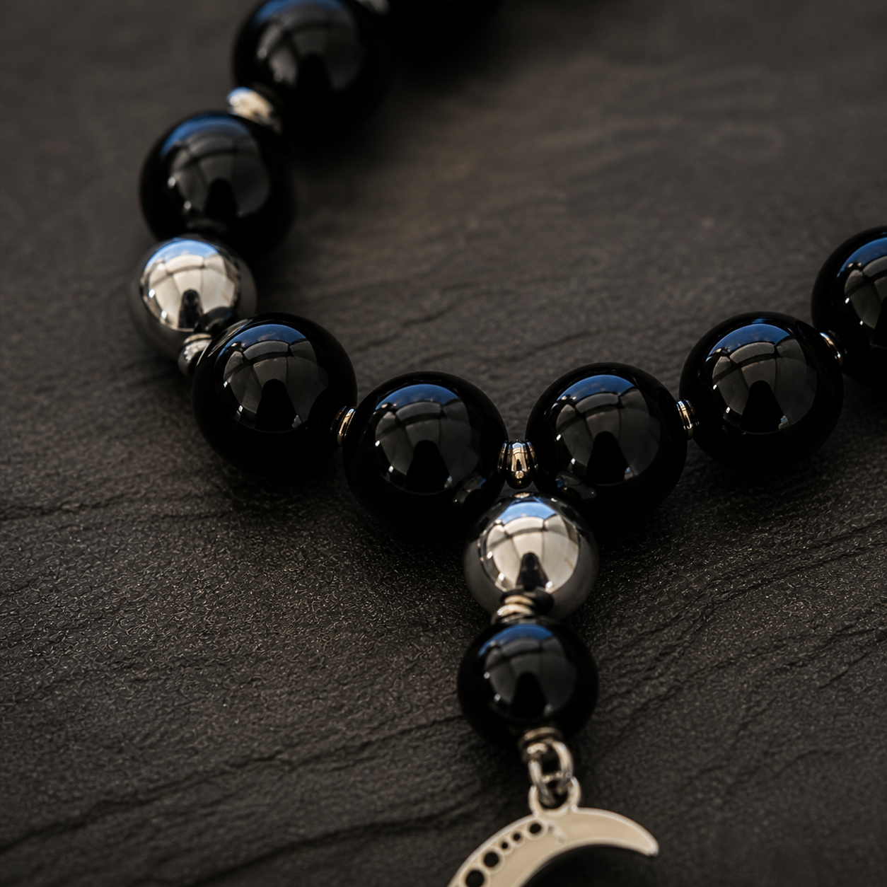 Handmade 7AGAT rosary with 33 glossy black glass beads, 10mm prayer beads for meditation and spiritual practice.