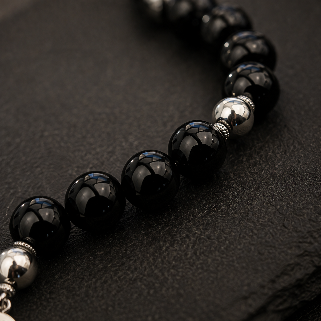 Handmade 7AGAT rosary with 33 black glass beads, 10mm glossy prayer beads, classic handcrafted luxury rosary for prayer or meditation.