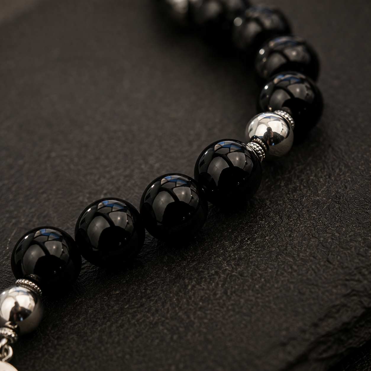 Handmade 7AGAT rosary with 33 black glass beads, 10mm glossy prayer beads, classic handcrafted luxury rosary for prayer or meditation.