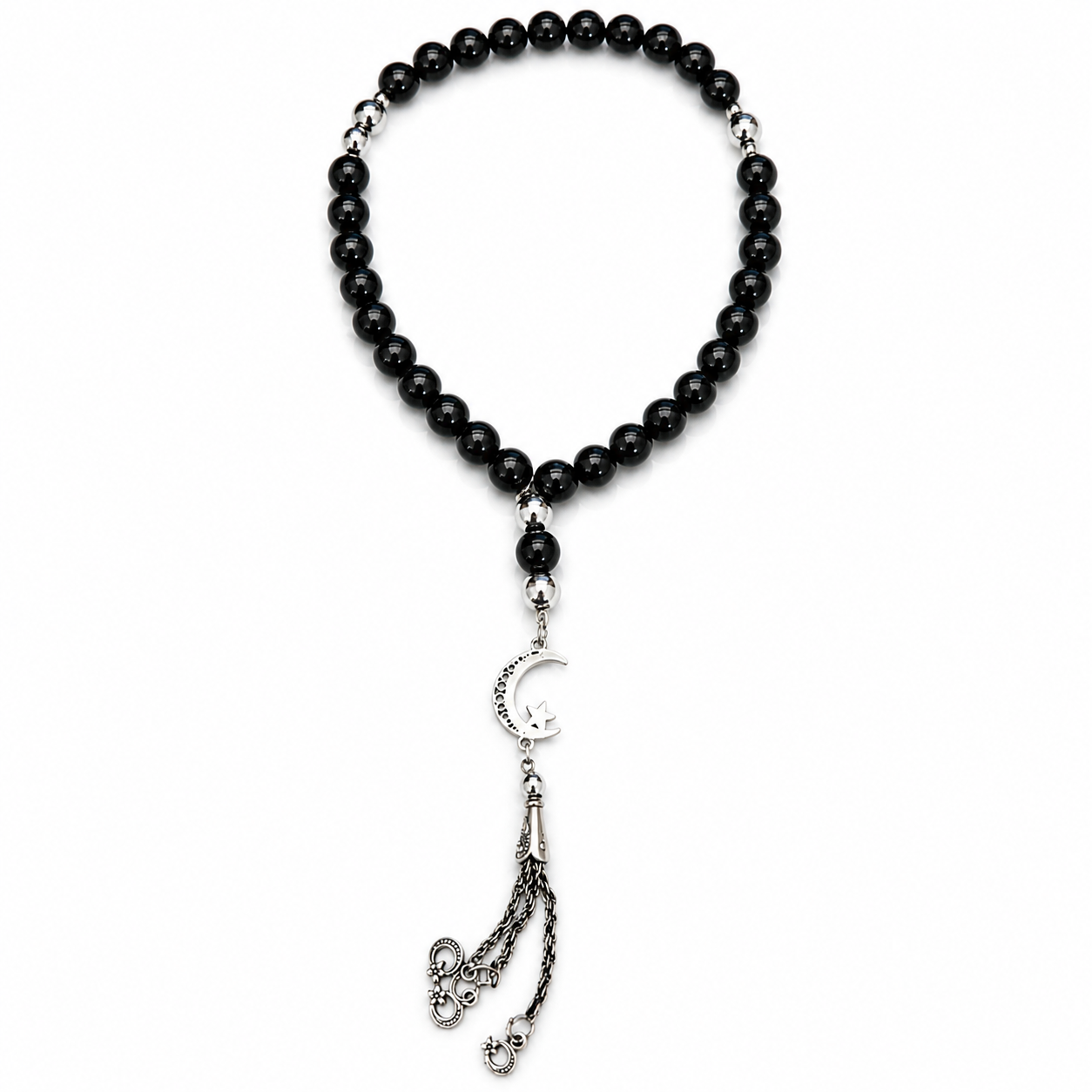 Handmade 7AGAT rosary with 33 black glass beads, 10mm glossy prayer beads, classic handcrafted luxury rosary for prayer and meditation.