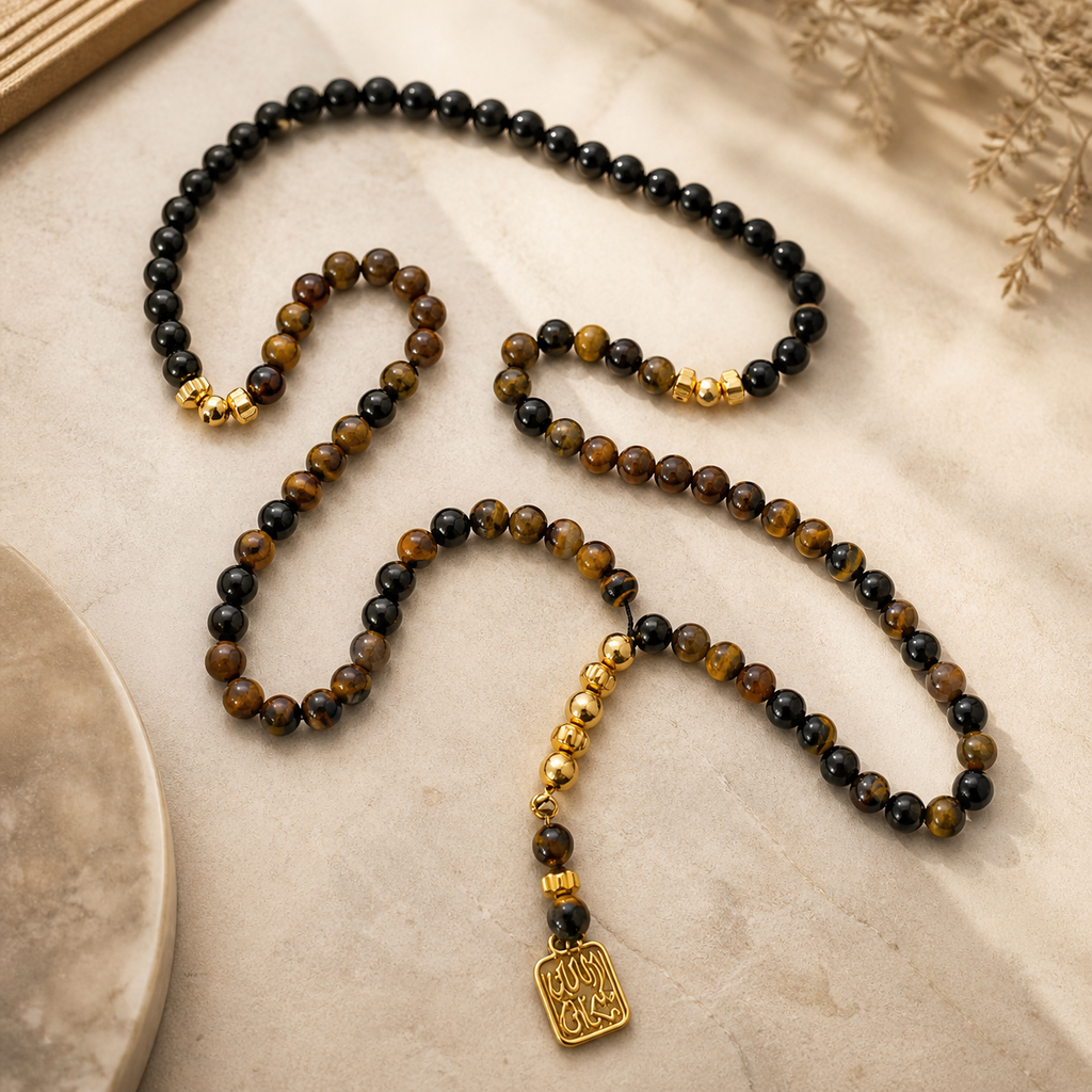 Handmade 7AGAT rosary with 99 natural tiger eye beads, golden tassel, separators, and luxurious prayer beads for spiritual use.