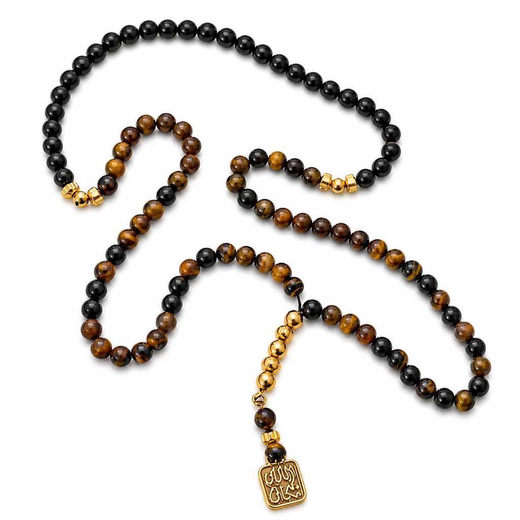 Handmade 7AGAT rosary with 99 natural tiger eye beads, separators, and a golden tassel for prayer and meditation.