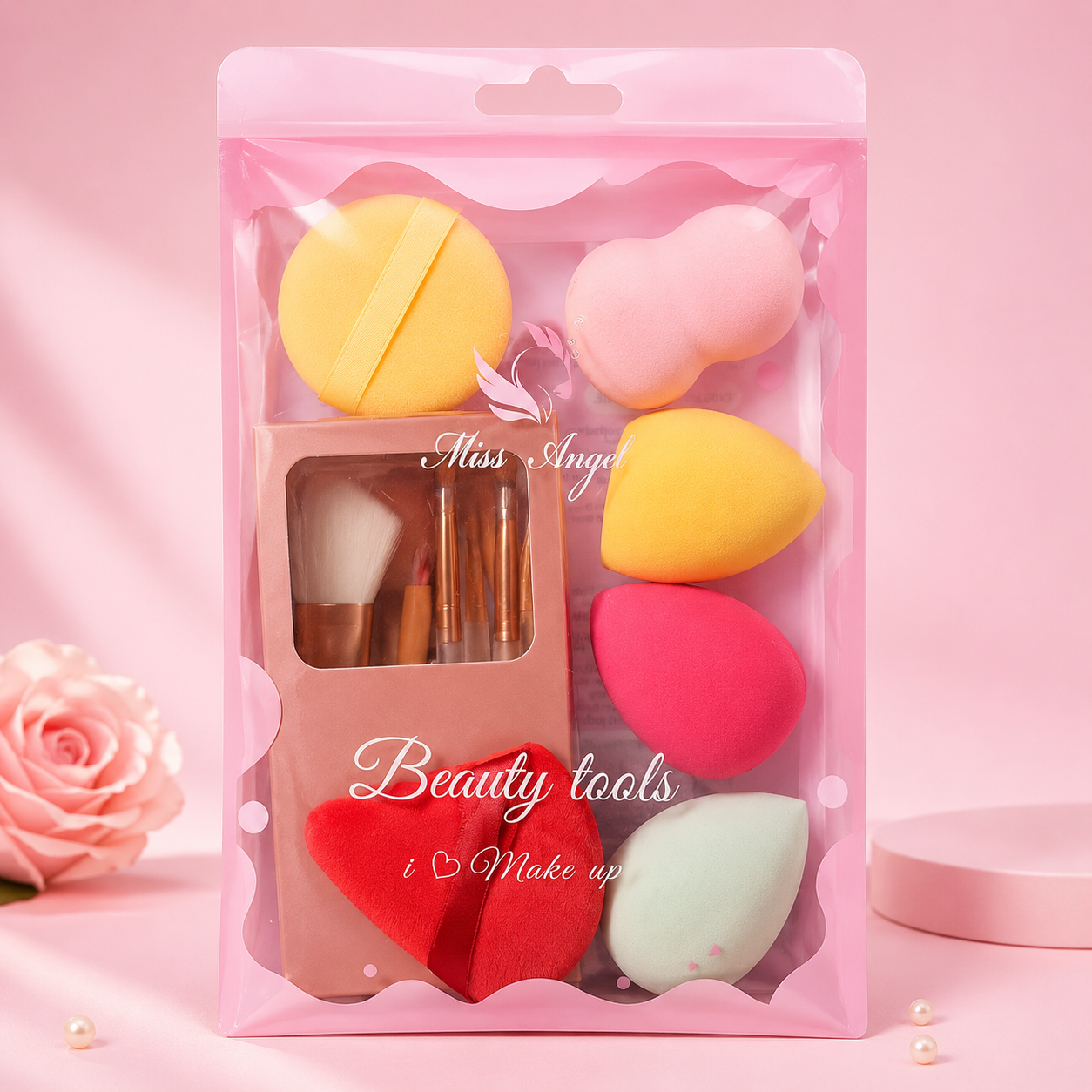 7AGAT 11-piece makeup tool set with professional brushes and soft blending sponges for liquid and powder makeup application.