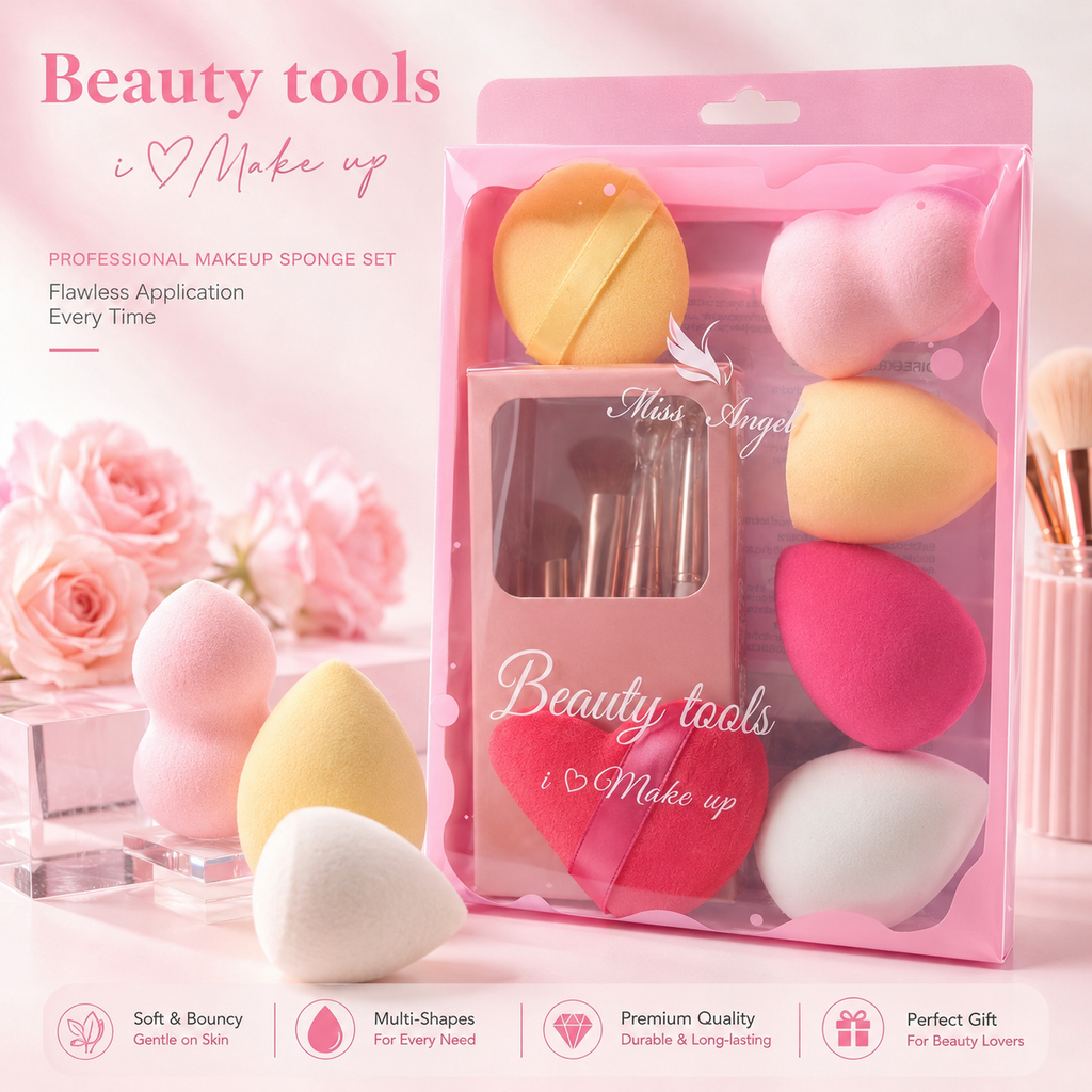 7AGAT 11-piece makeup tool set with professional brushes and soft blending sponges for liquid and powder makeup application.