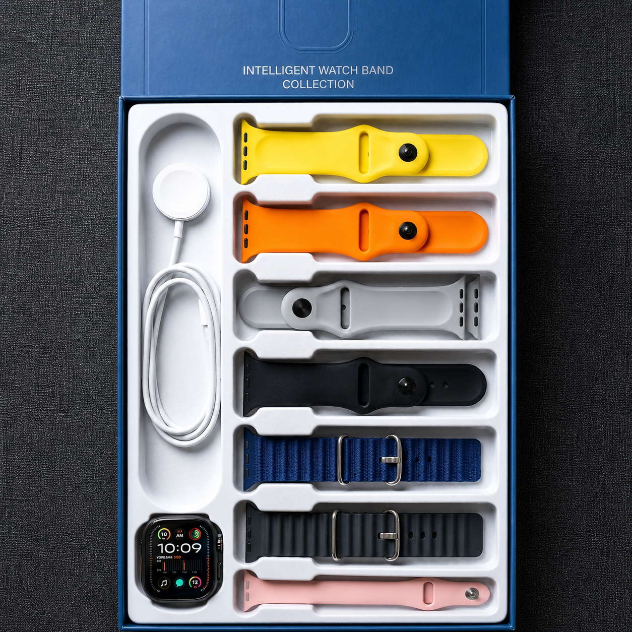 Silver W603 Ultra Smart Watch by 7AGAT with 2.01-inch display, water resistance, interchangeable bands, Bluetooth calling, and sports modes.