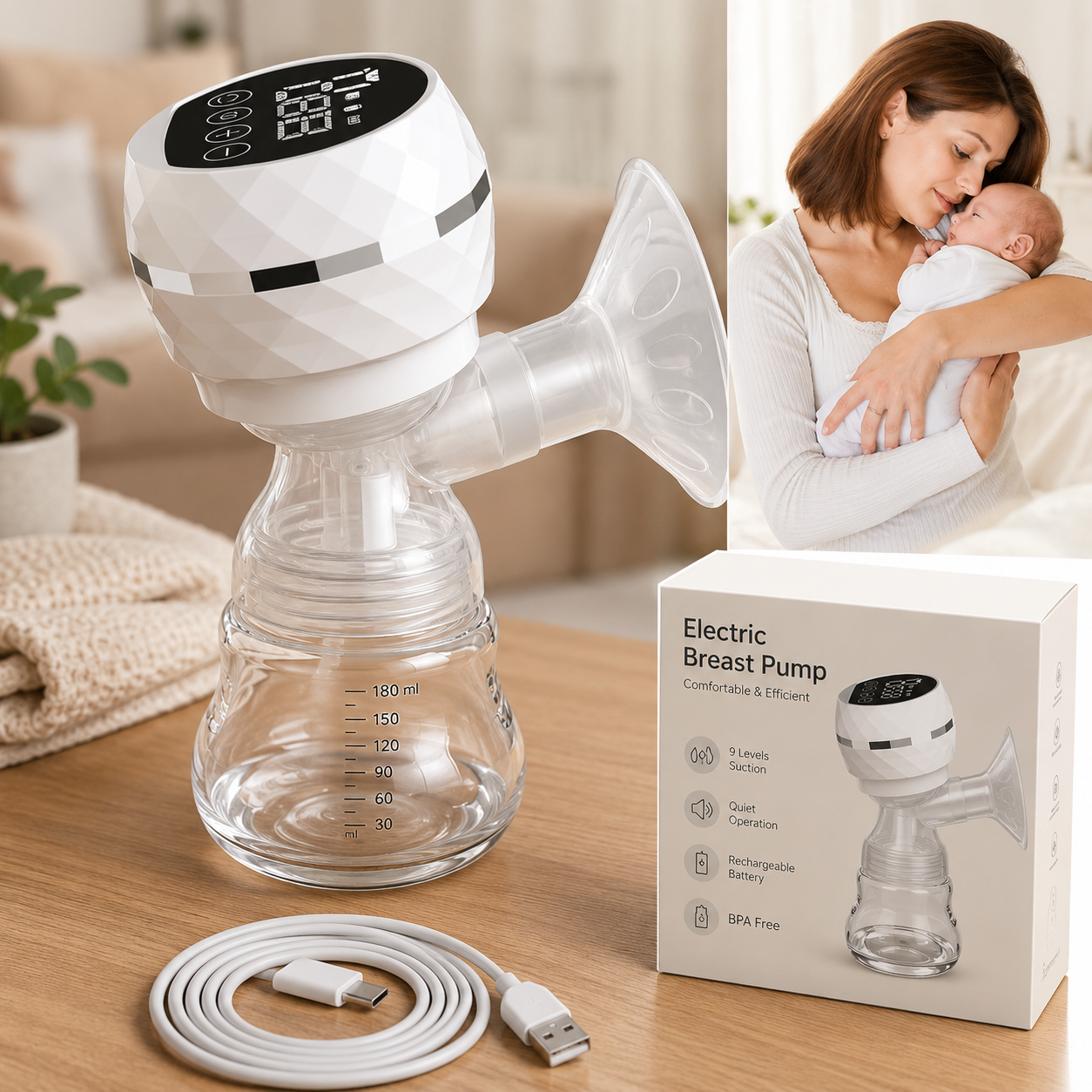 7AGAT electric breast pump with touch controls, BPA-free materials, quiet operation, USB port, and noise reduction for private breastfeeding.