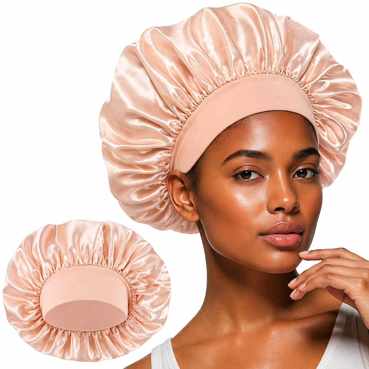 Soft silk satin sleep bonnet by 7AGAT with wide elastic band, adjustable hair wrap for curly, frizzy, and protective night hair care.