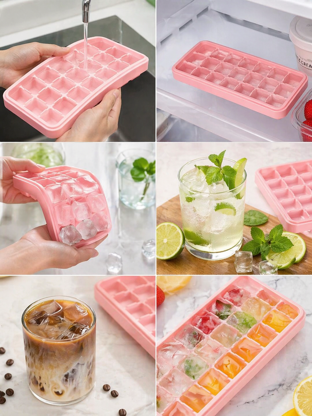 Flexible silicone ice cube mold with 24 compartments, food-grade material, ideal for drinks, juices, and desserts by 7AGAT.