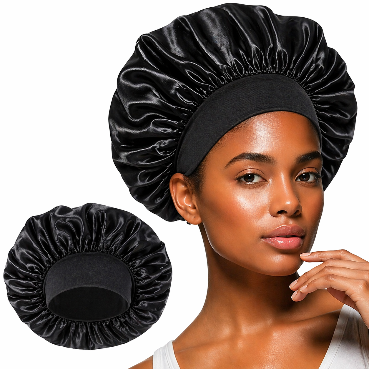 Soft satin sleep bonnet by 7AGAT, adjustable hair wrap with wide elastic band, ideal for protecting curly and frizzy hair overnight.