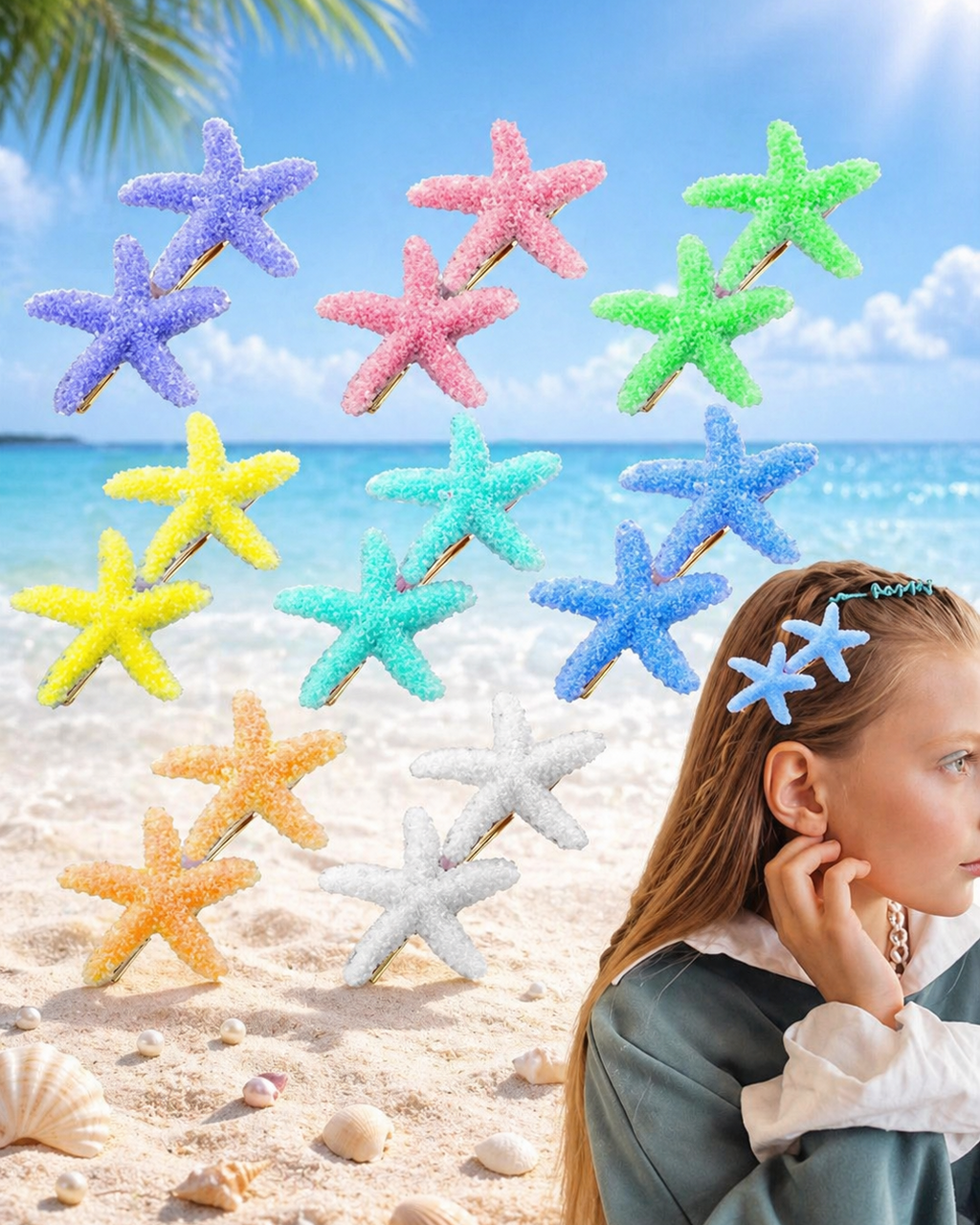 Colorful starfish hair clips on a beach with a clear blue sky.