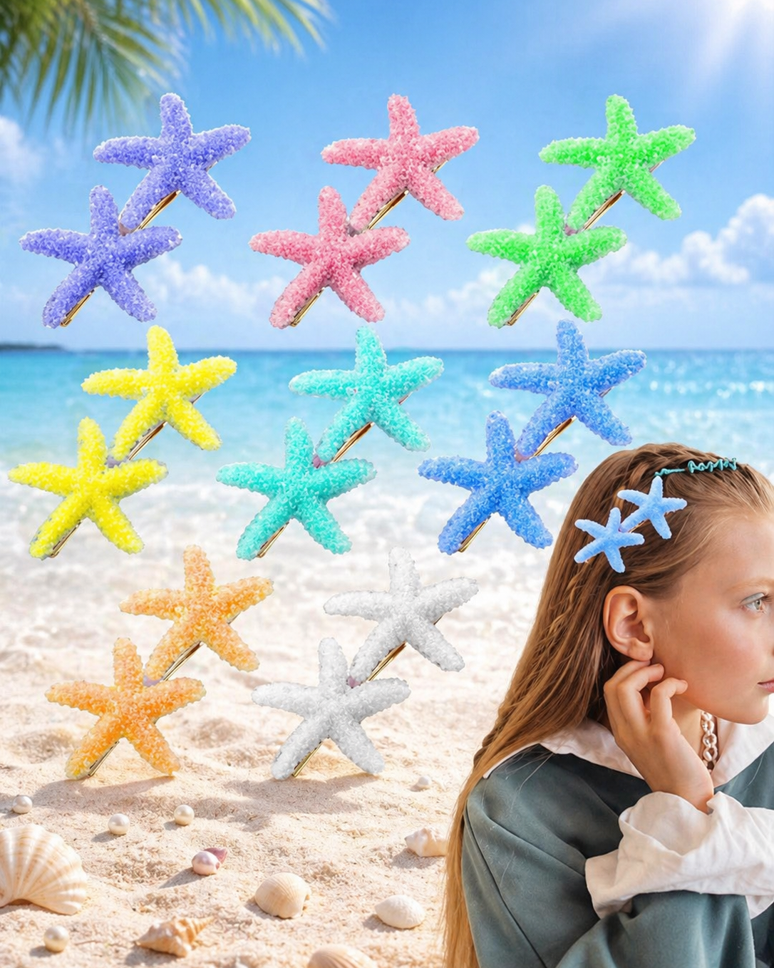 Colorful starfish hair clips on a beach with a clear blue sky.