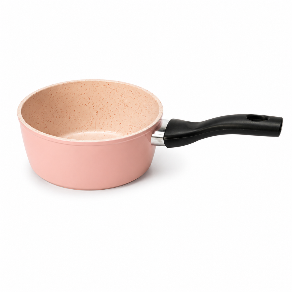 Stainless steel saucepan with granite non-stick coating and heat-resistant handle, ideal for sauces, boiling, and everyday cooking.