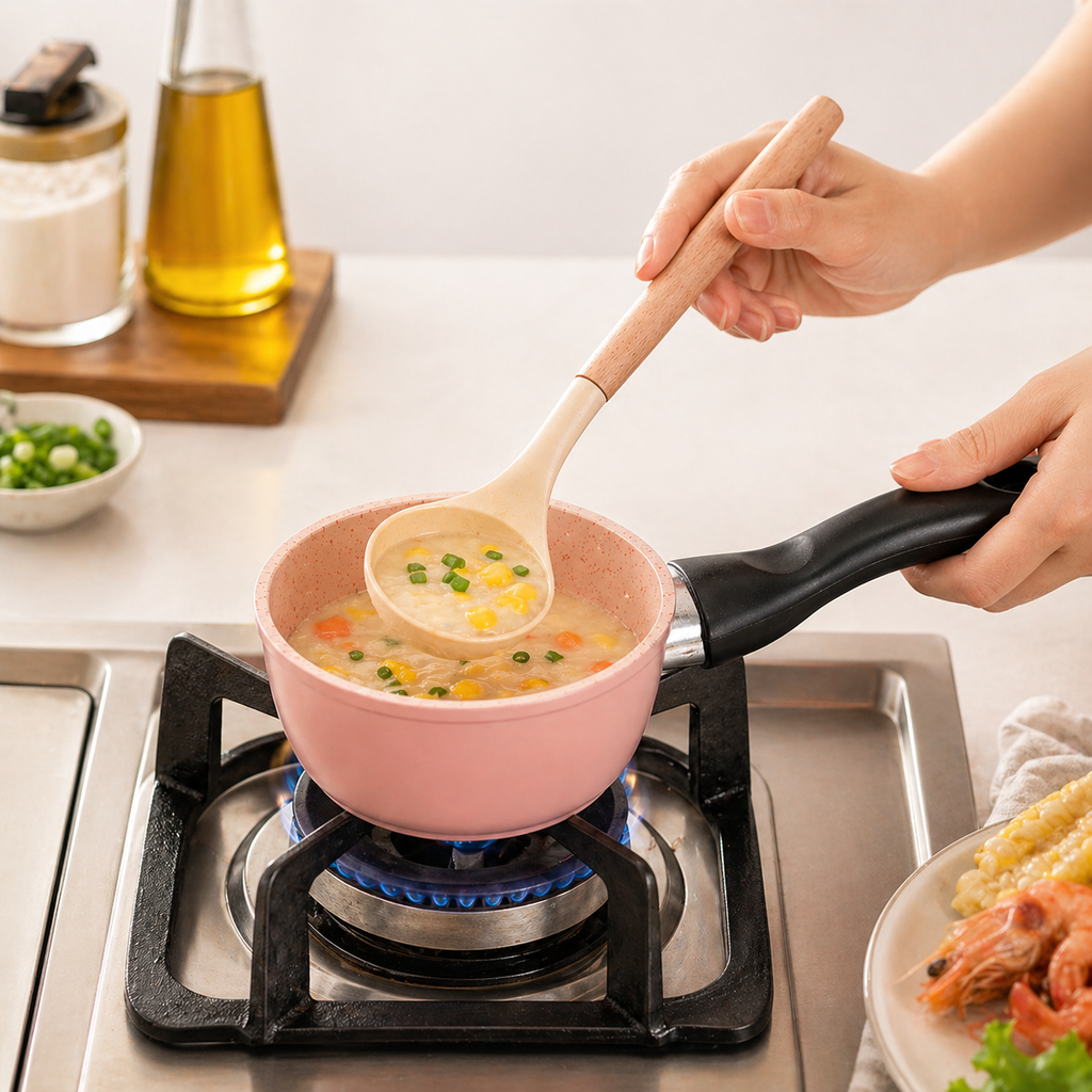 Stainless steel saucepan with heat-resistant handle and granite non-stick coating, ideal for sauces, boiling, and everyday cooking.