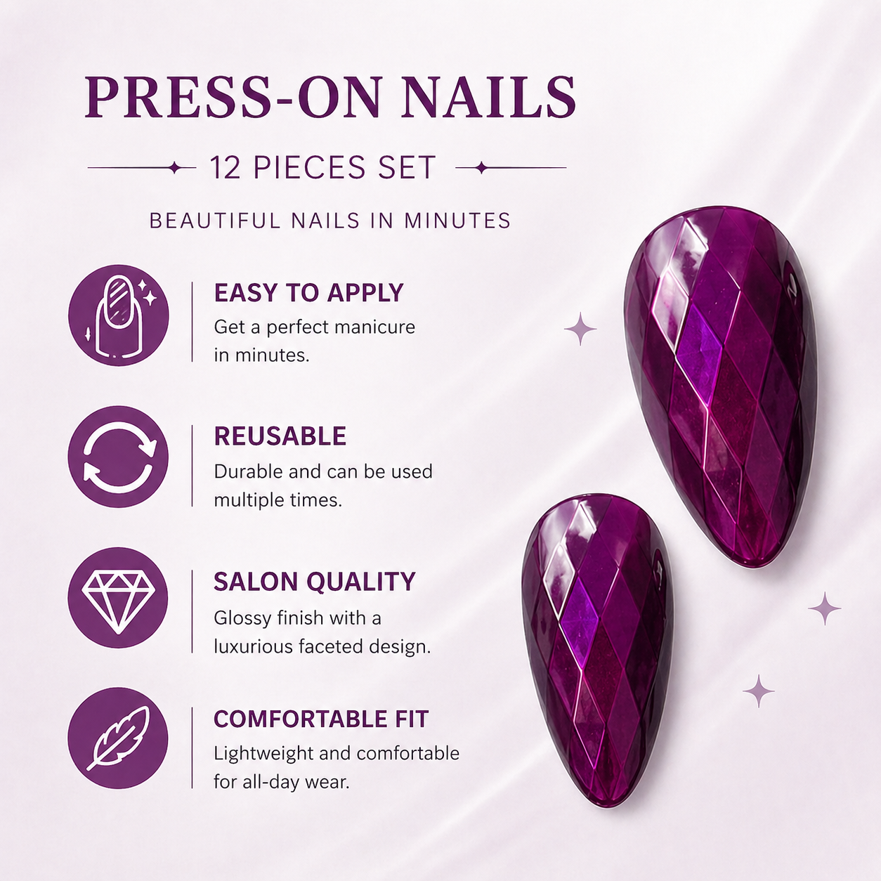 Set of 12 glossy black press-on nails from 7AGAT, reusable ABS false nails for daily wear and special occasions.