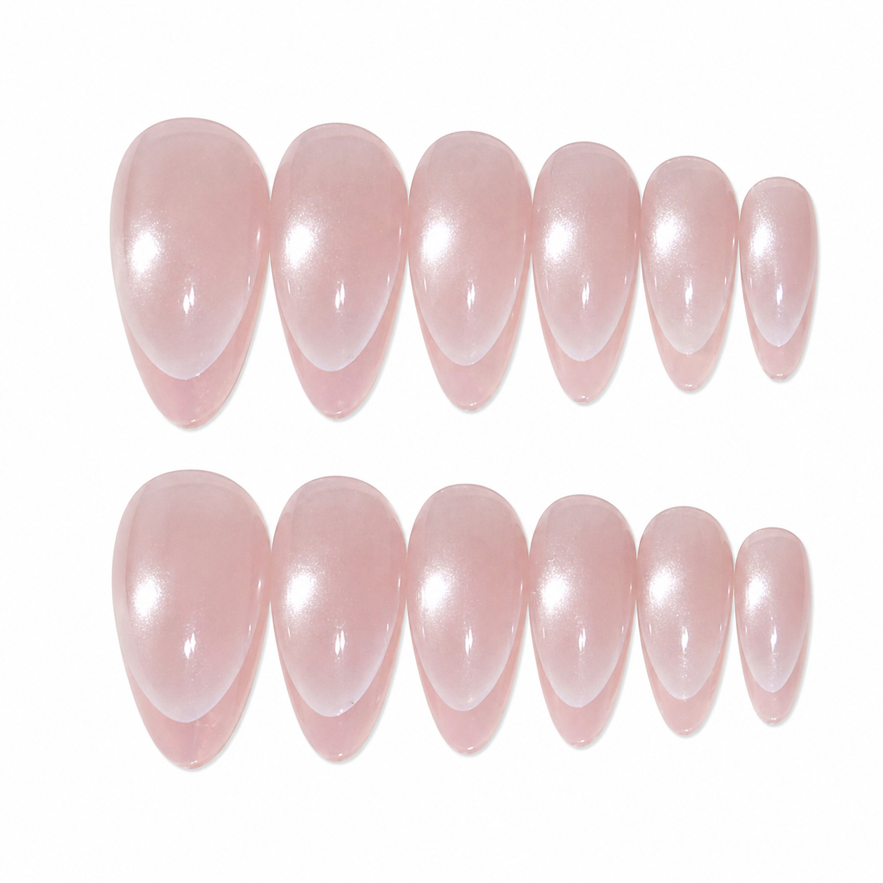 Set of 12 glossy almond-shaped press-on nails from 7AGAT, reusable fake nails ideal for daily wear and special occasions.