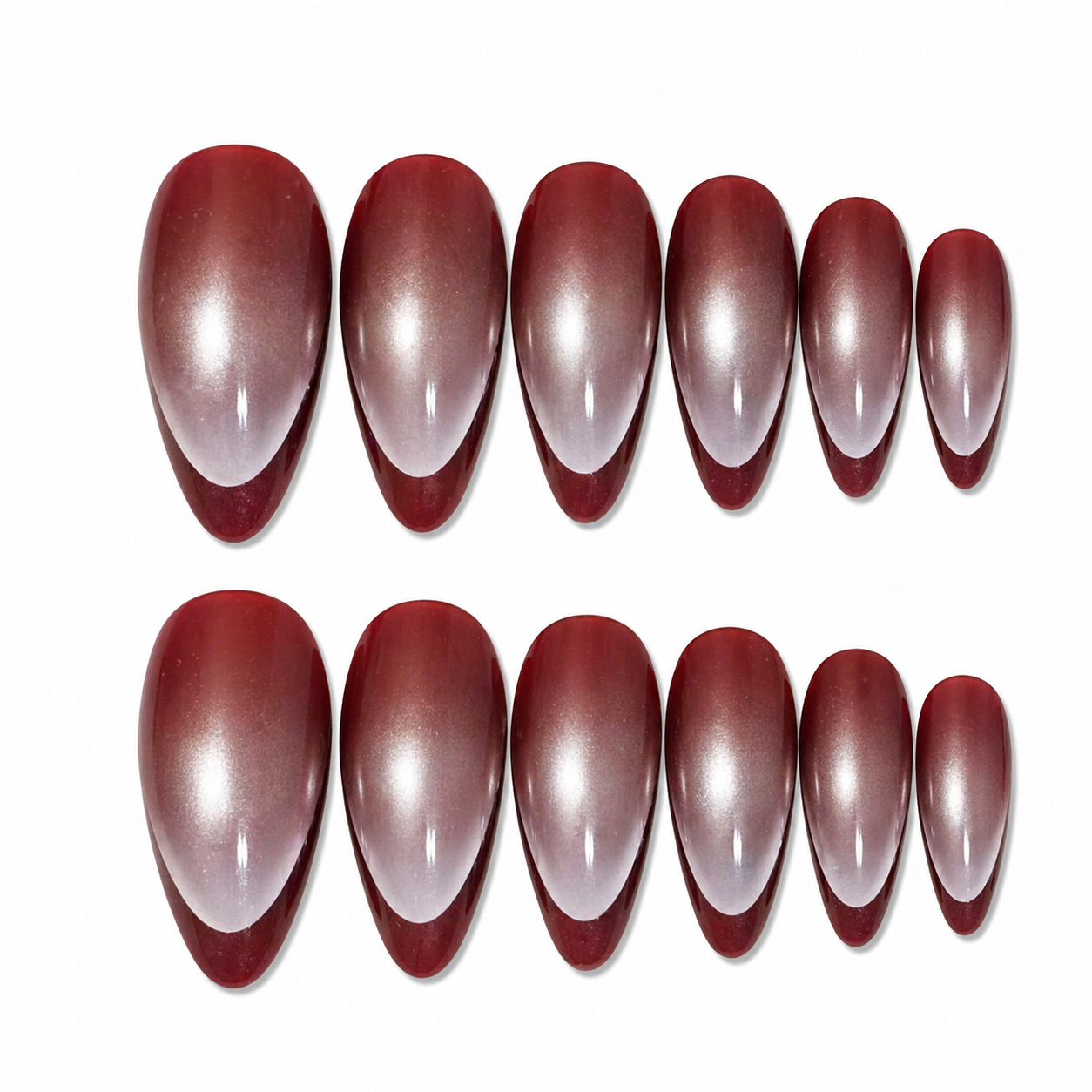 Set of 12 glossy almond-shaped press-on nails by 7AGAT, reusable ABS fake nails for daily wear and special occasions.