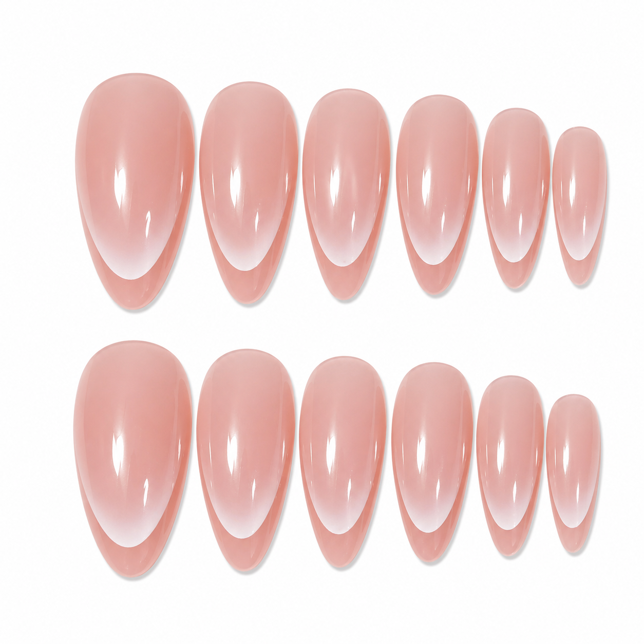 Set of 12 glossy almond-shaped press-on nails by 7AGAT, reusable fake nails for daily wear and special occasions.