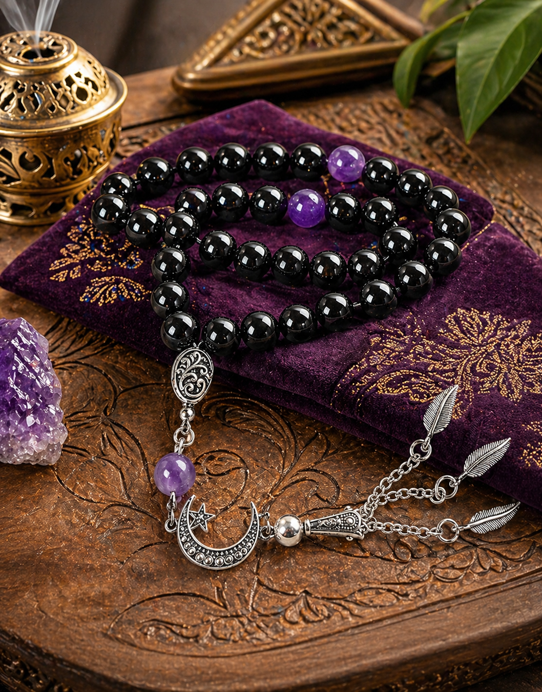 Handmade rosary with polished Agate stones and a natural stone, perfect for meditation, prayer, or as a meaningful gift.