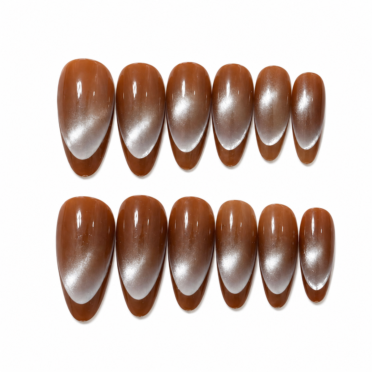 7AGAT almond-shaped press-on nails set with glossy finish, 12 reusable fake nails for daily wear and special occasions.