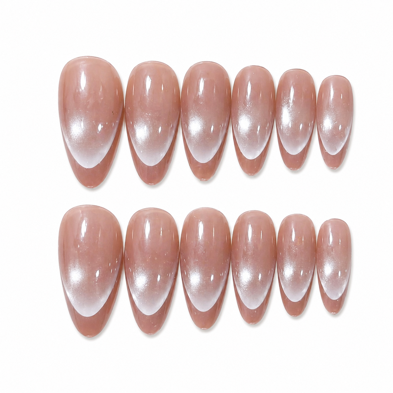 Set of 12 glossy almond-shaped press-on nails by 7AGAT, reusable ABS fake nails for daily wear and special occasions.