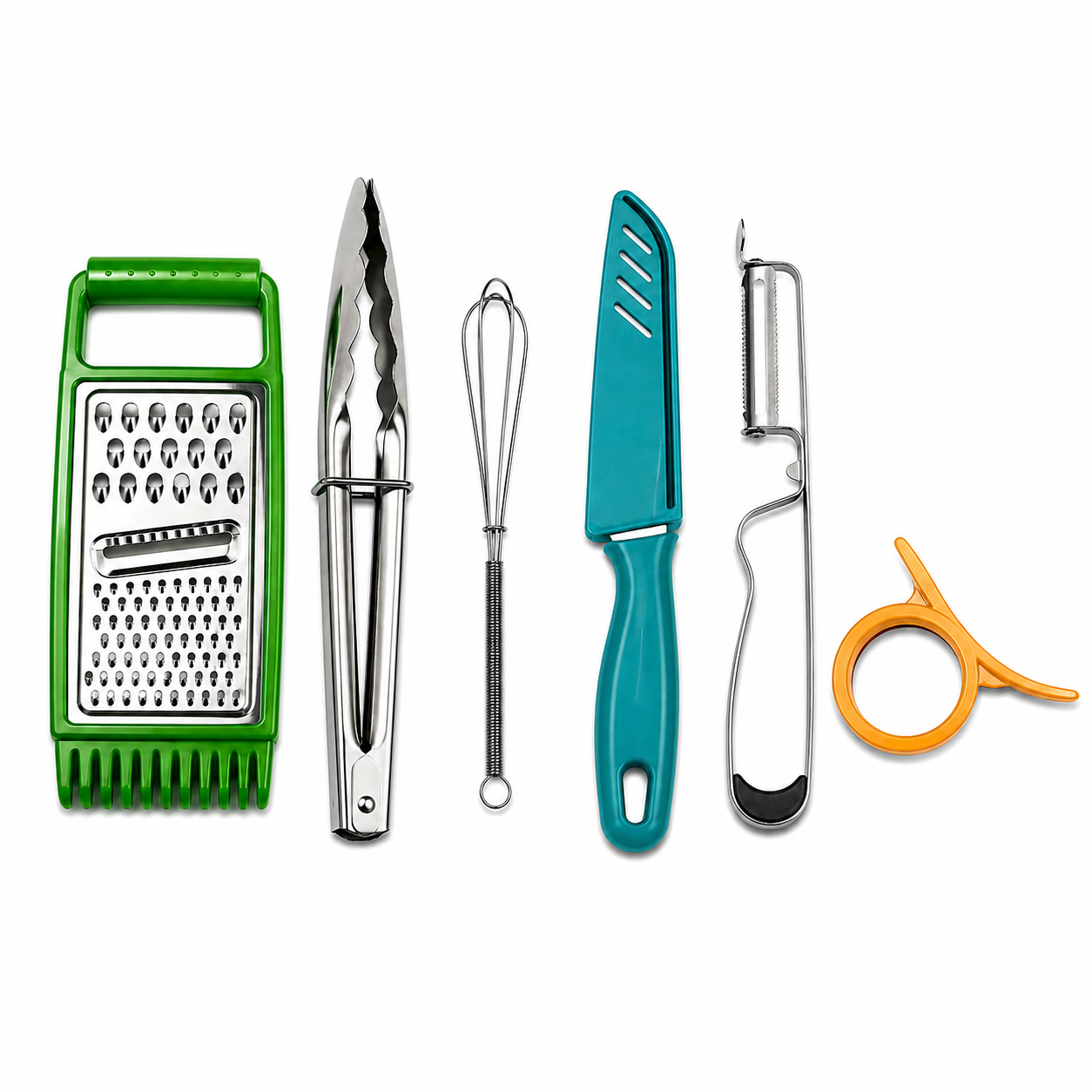 7AGAT kitchen utensils set with vegetable grater, peeler, knife, corer, and cleaning brush for food prep in home kitchens.