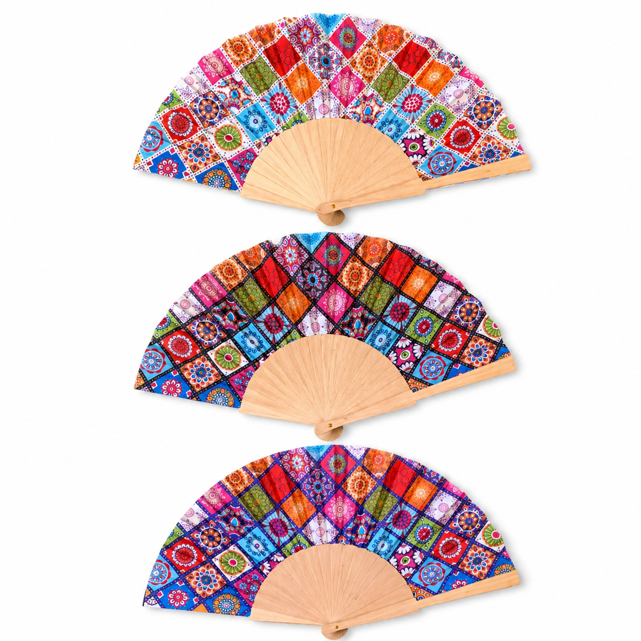 Folding Hand Fan Wooden Handle, Vintage Pattern Fabric Fan, Portable Summer Cooling Fan, Multi-Color Decorative Design