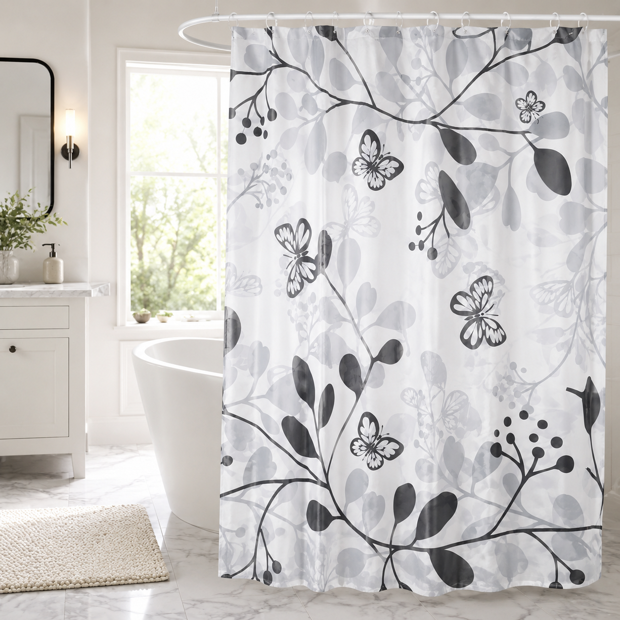 7AGAT waterproof shower curtain with modern design and 12 hooks, ideal for bathroom and hotel use.