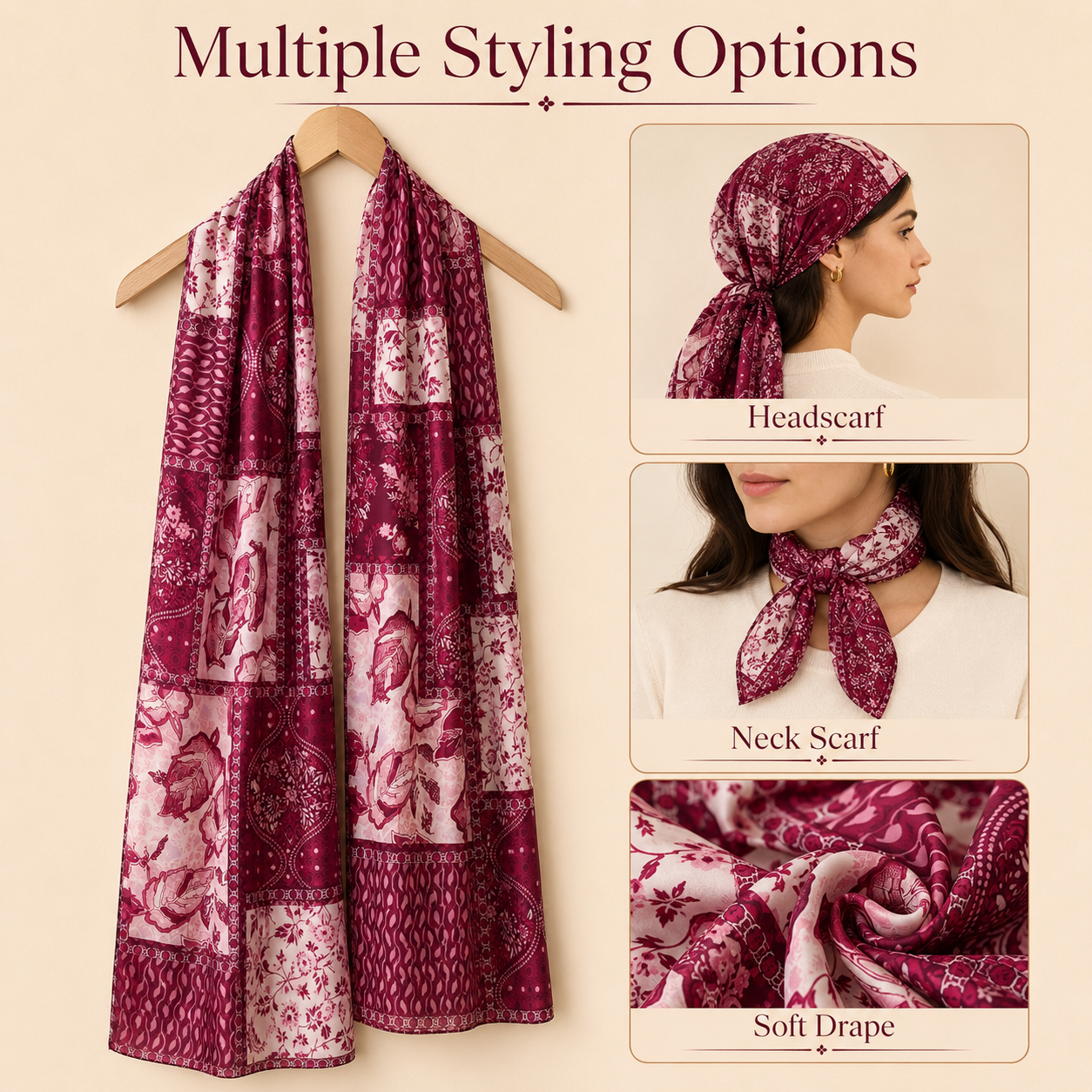 Women’s Printed Scarf, Soft Lightweight Multi-Use Head and Neck Scarf, 160 × 46 cm, Assorted Colors
