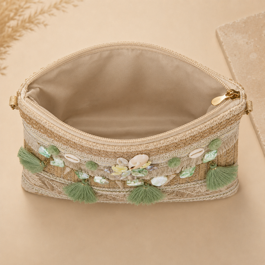 Women’s Handmade Woven Straw Clutch Bag with Gold Chain Straps, Shoulder and Hand Carry Bag