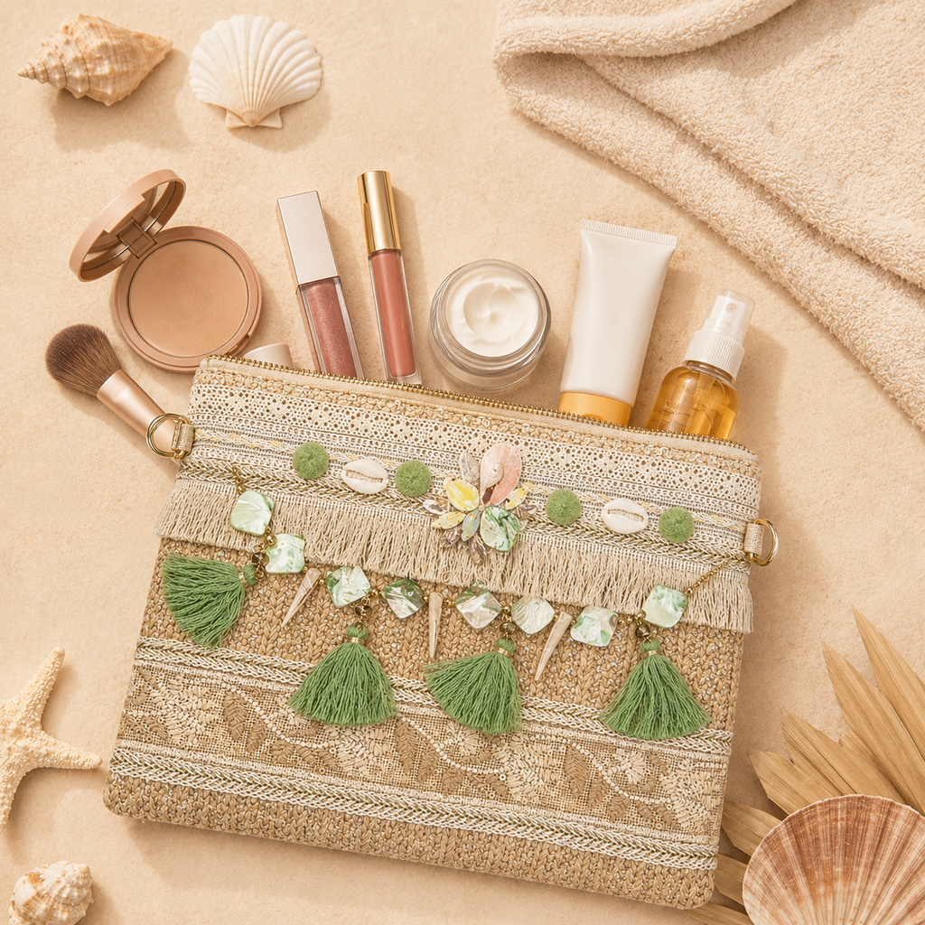 Women’s Handmade Woven Straw Clutch Bag with Gold Chain Straps, Shoulder and Hand Carry Bag