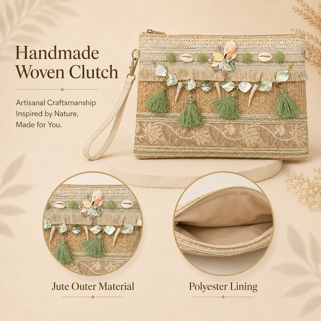 Women’s Handmade Woven Straw Clutch Bag with Gold Chain Straps, Shoulder and Hand Carry Bag