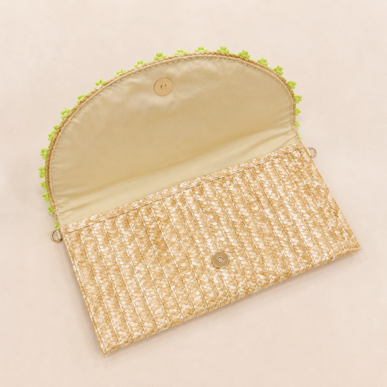 Women’s Handmade Woven Straw Clutch Bag with Gold Chain Straps, Shoulder and Hand Carry Bag