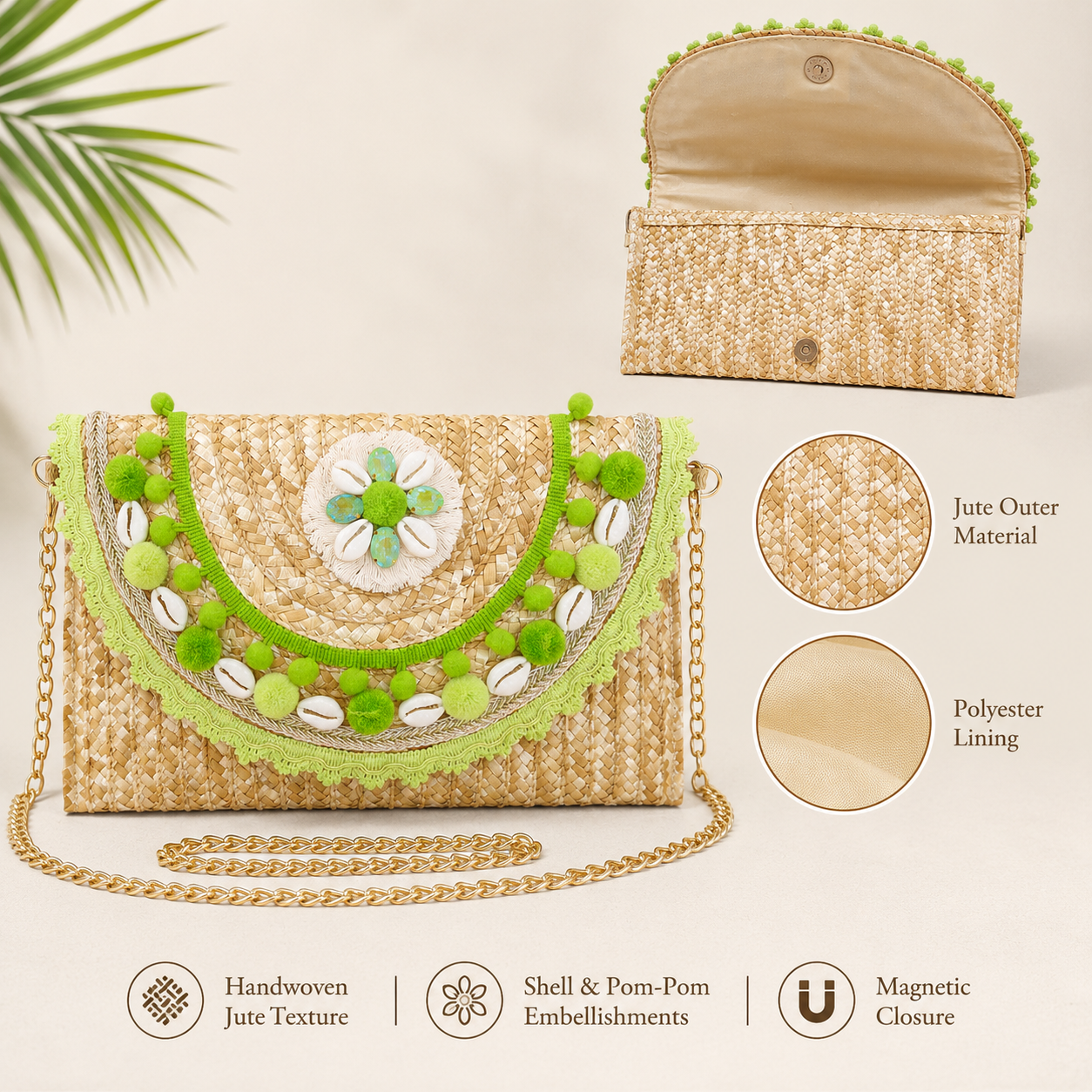 Women’s Handmade Woven Straw Clutch Bag with Gold Chain Straps, Shoulder and Hand Carry Bag