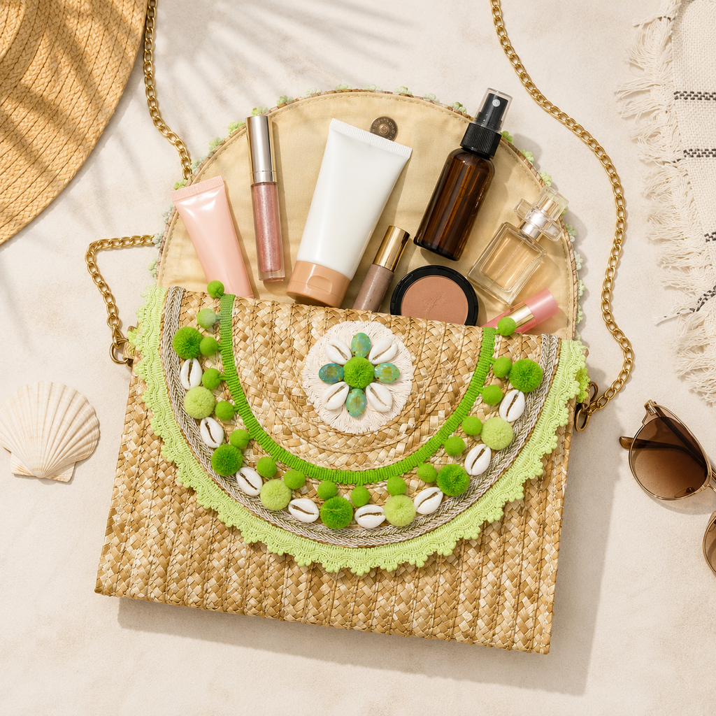 Women’s Handmade Woven Straw Clutch Bag with Gold Chain Straps, Shoulder and Hand Carry Bag