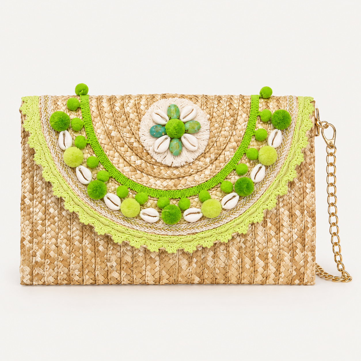 Women’s Handmade Woven Straw Clutch Bag with Gold Chain Straps, Shoulder and Hand Carry Bag