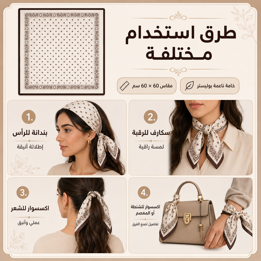 سكارف نسائي مربع من الستان الناعم للرأس والرقبة مقاس 60 × 60 سم